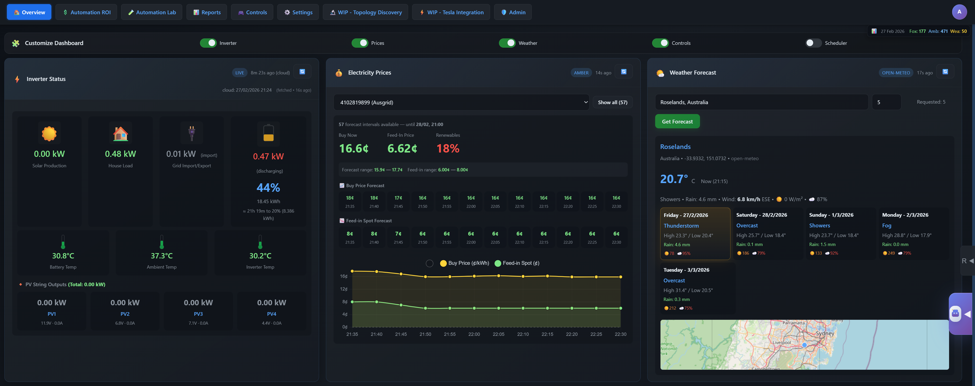 Automation dashboard overview with battery SoC, active rule, pricing and savings