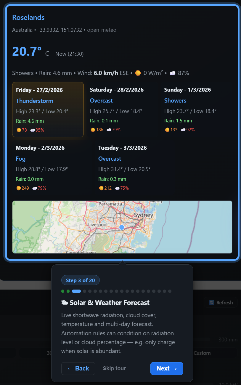 Weather tile demo with forecast data used for automation planning