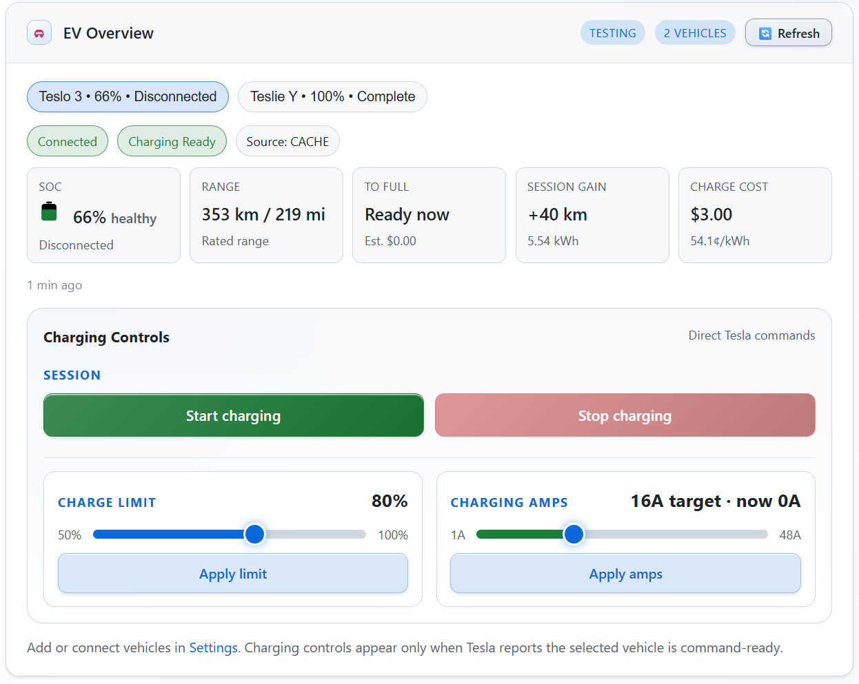 Tesla EV dashboard showing charging state, range, and plug-in status
