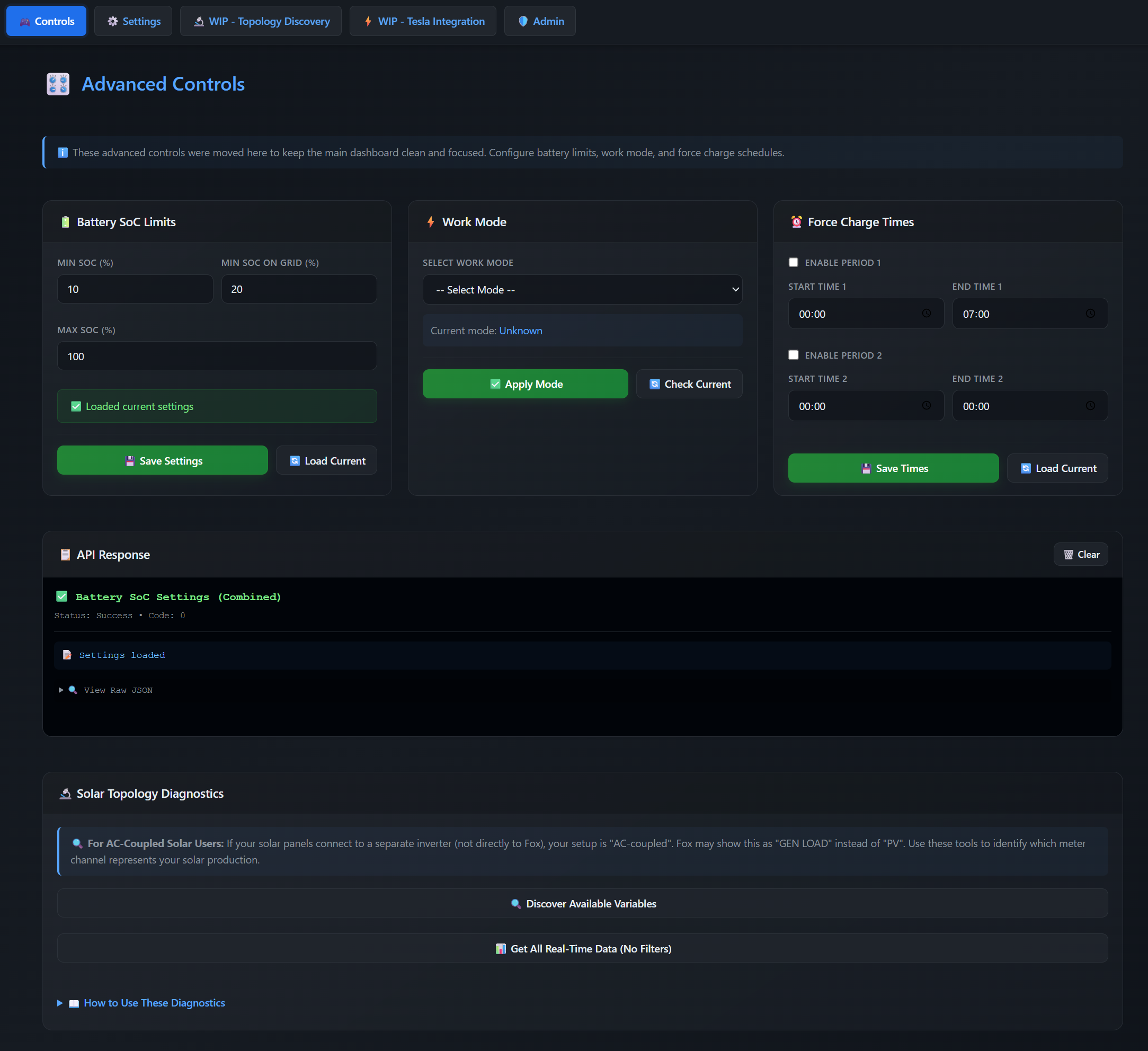 Advanced controls panel with inverter behavior and automation settings